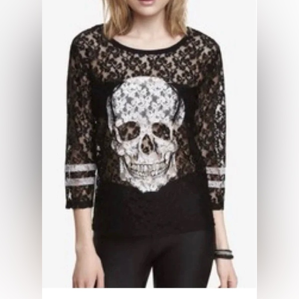 Express Black Sheer Lace Skull Graphic Round Neck Top Size Large